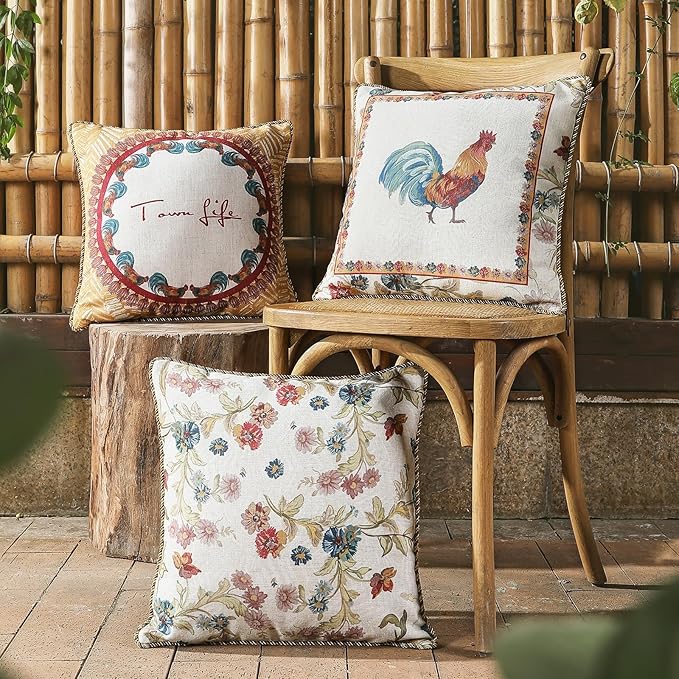 patdrea Designer Pack of 2 Square Throw Pillow Covers,Farmhouse Pink and Yellow Linen with Floral Pattern Pillows Cover,Decorative Pillowcases Cushion for Bed Living Room Outdoor Car,18"x18"