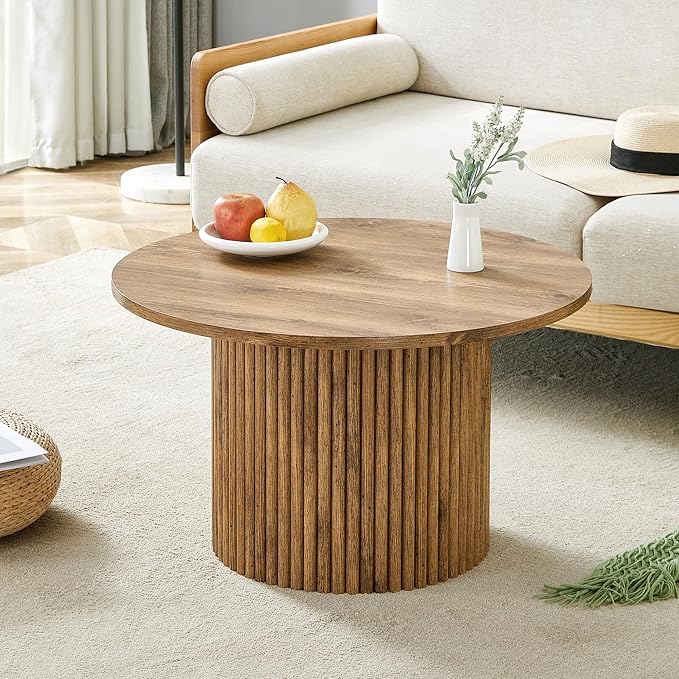 WILLIAMSPACE 27.5" Round Coffee Table with Ylindrical Leg, Modern Farmhouse Wood Circlar Center Table Accent Side End Table for Living Room Apartment, Natural