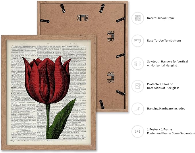 Poster Master Dictionary Art Poster - Tulip Print - Red Flower Art - Floral Art - Gift for Men, Women & Florist - Minimal Decor for Living Room, Bedroom, Dorm or Flower Shop, 8x10 Beige Framed