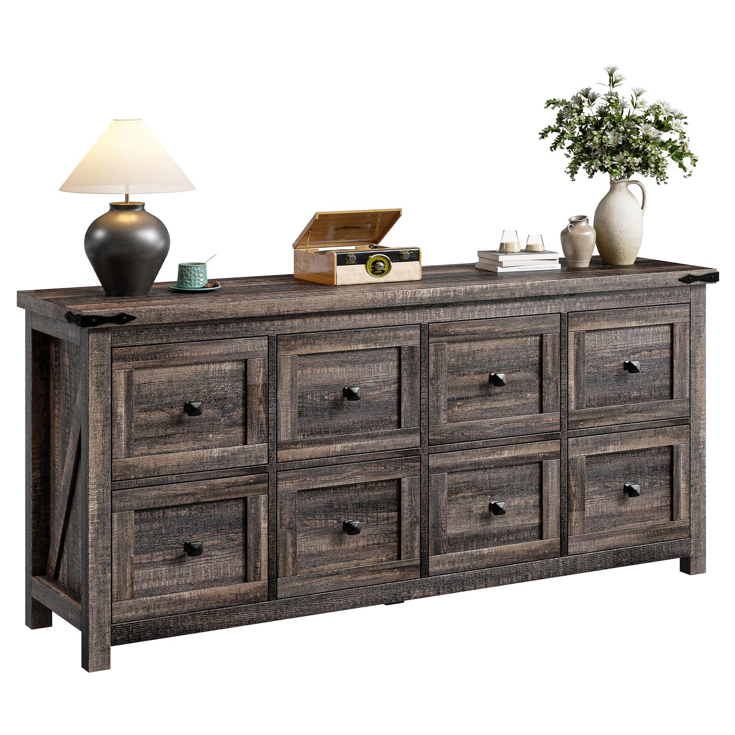Romorgniz Farmhouse Dresser Dark Oak with 8 Drawers,Wood,Wide,Long,TV Stand for Bedroom Entryway Hallway