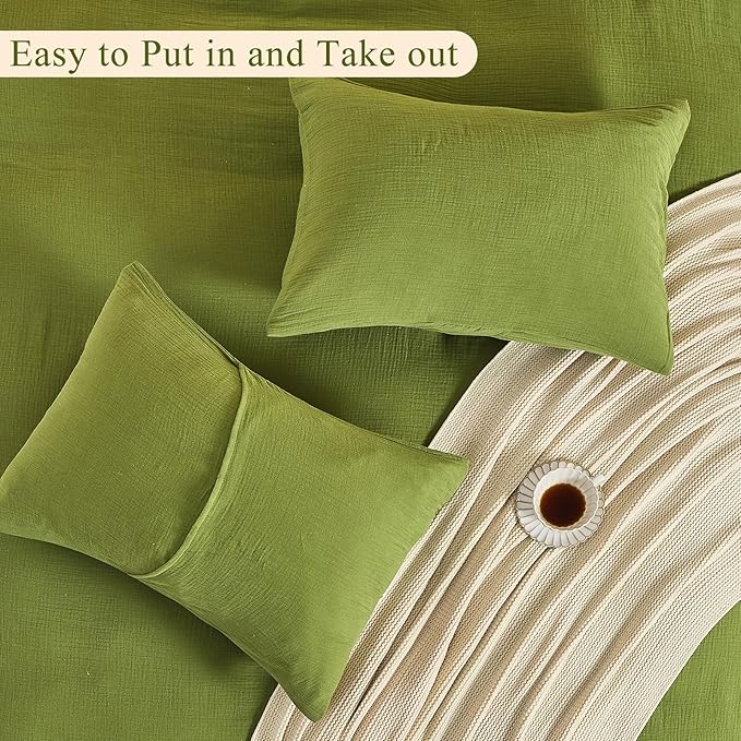 MEISHANG Muslin Duvet Cover King Size - 100% Organic Cotton, Soft Textured Gauze Weave Comforter Cover for Breathable All-Season with Zipper Closure - 3 Piece Set (King, Forest Green)