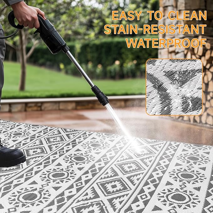 Outdoor Rug Waterproof 5x8 ft, Reversible Outdoor Plastic Straw Rug Patio Rug, RV Rugs for Outside, Outdoor Carpet for Patio Camping Deck Balcony Backyard, Gray & White