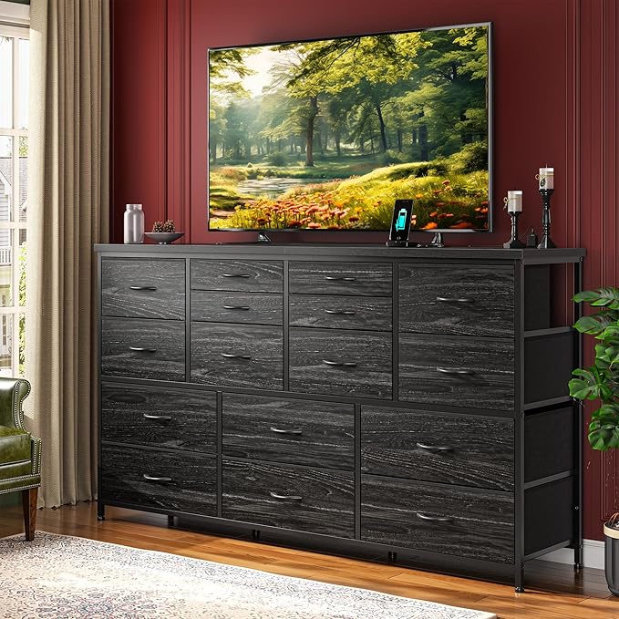 Dresser for Bedroom with 16 Fabric Drawers Long Dresser with Charging Station TV Stand for 60" TV Dressers & Chest of Drawers for Bedroom, Living Room, Closet, Black