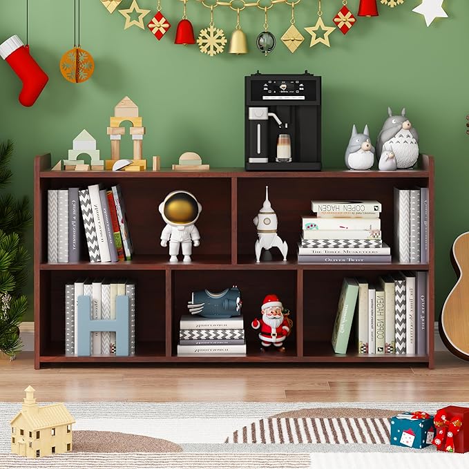Kids Book Shelf Set of 2, 5 Cubes Storage Organizer Montessori Shelf, Wooden Kids Bookcase, Toy Storage Organizer for Children, Cherry Toddler Bookshelf Cube Shelf for Kid’s Room, Classroom