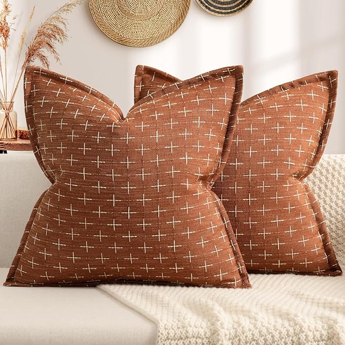 ZWJD Fall Pillow Covers 20x20 Set of 2 Soft Polyester Textured Rust Pillow Covers with Stylish Flange Edge Cozy Farmhouse Throw Pillows for Couch Bed Sofa Living Room Fall Decor