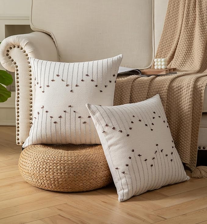 Boho Throw Pillow Covers 20x20 Set of 2 Decorative Pillows for Bed, Neutral Pillow Covers Beige with Coffee Line Throw Pillows for Modern Farmhouse Couch Sofa Living Room Outdoor