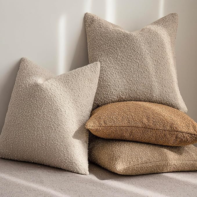 Foindtower Set of 2, Decorative Textured Boucle Throw Pillow Covers Accent Solid Pillow Cases Neutral Soft Couch Cushion Case for Chair Sofa Bedroom Living Room Home Decor 24 x 24 Inch Rust Tobacco