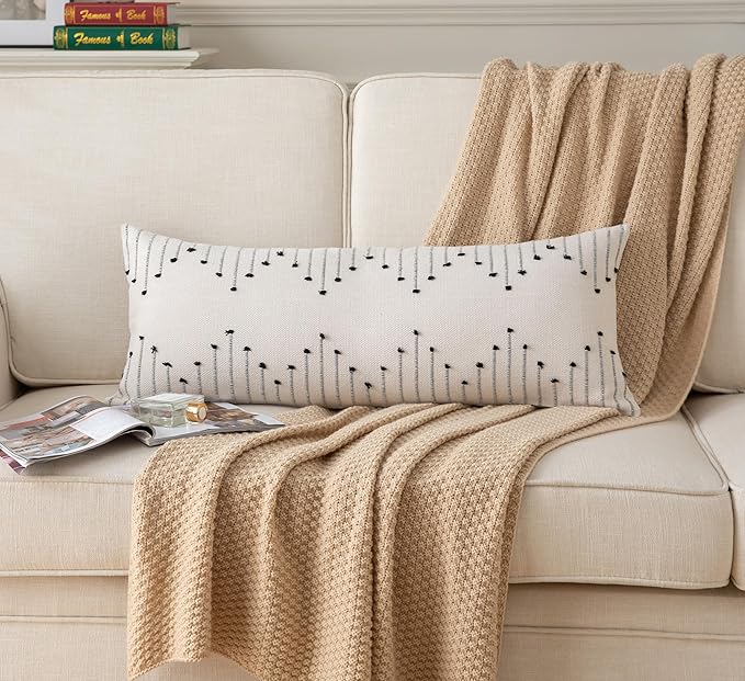 Caflife Boho Lumbar Pillow Cover 14x36 Long Pack of 1 Decorative Pillows Bed, Beige with Black Body Throw Pillow Covers, for Modern Farmhouse Sofa Bedroom Living Room Home Decor Couch Pillowcase