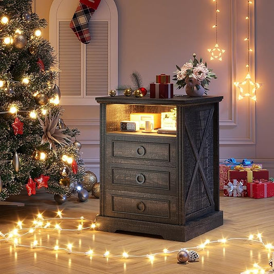Nightstand with Charging Station,Farmhouse End Side Table with 3 Drawers and Open Storage,Smart Bedside Table with LED Light & Human Sensor, Brown