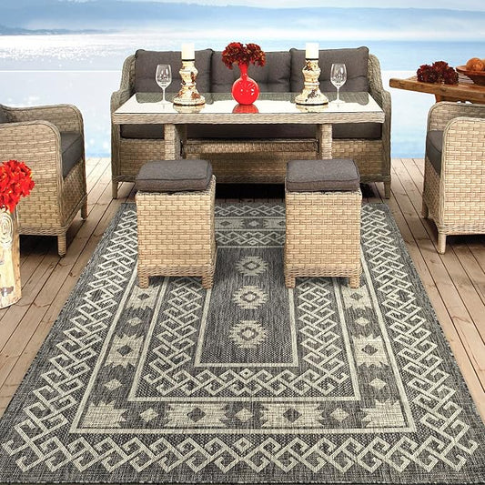 Antep Rugs Patio 6x9 Outdoor/Indoor Southwest Aztec Native Area Rug (Gray, 6'7" x 9')