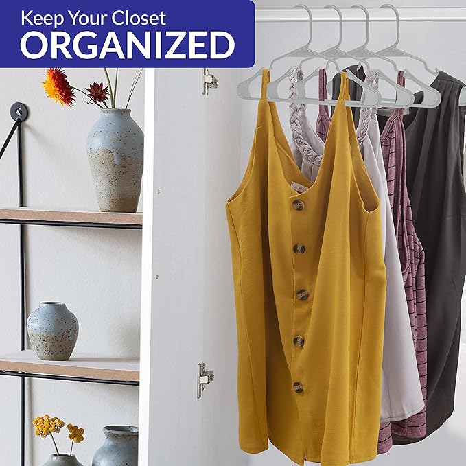Royale Linens 60 Pack Grey Plastic Hangers for Clothes - Heavy Duty Clothes Hanger for Everyday Use - Lightweight & Space Saving Notched Plastic Hangers