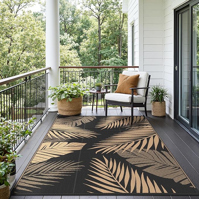 Outdoor Rug 4’x6’ Waterproof for Patio Clearance, Reversible Indoor Outdoor Plastic Straw Camping Rug Carpet, RV Mat, Large Area Rug for Deck, Backyard, Balcony, Porch, Beach, Black & Brown