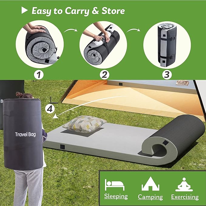 Memory Foam Camping Mattress 2.5 inch, Kids Portable Roll Up Camping Sleep Topper with Waterproof and Non-Slip Bottom, Camping Car Mat with Travel Bag, 63.5"×26.5"×2.5", Grey