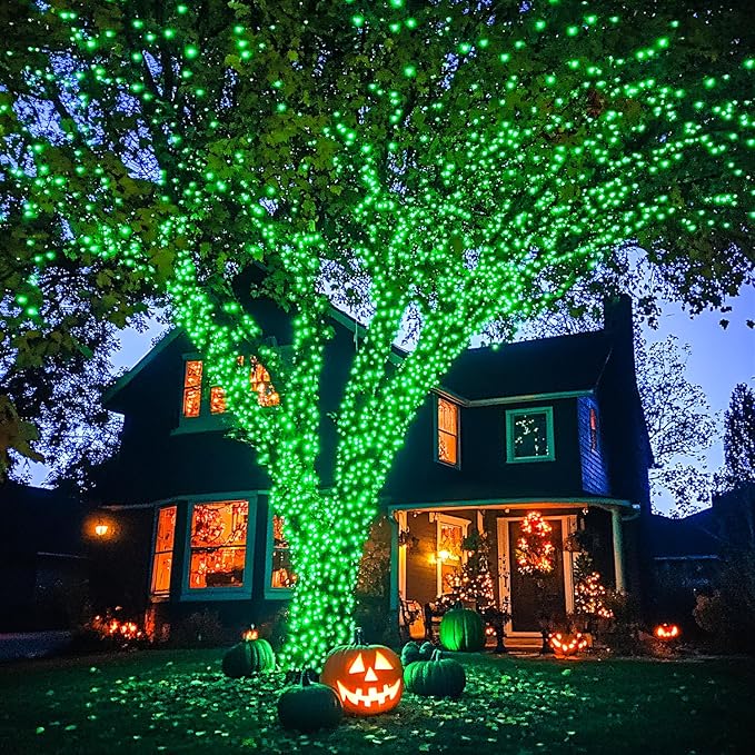 JMEXSUSS Green Halloween Lights Outdoor, 132ft 400 LED Halloween String Lights Plug in with Remote, Indoor Green Light for Porch Tree House Yard Christmas Decorations