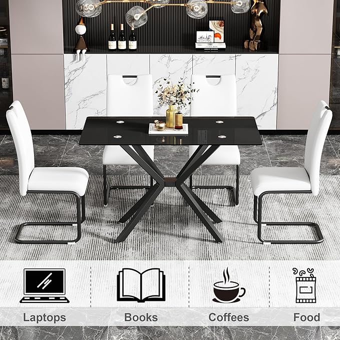 47" Tempered Glass Dining Table for 4, Modern Kitchen Table Rectangle Top, Geometric Metal Leg, for Apartment Dining Room Restaurant (All Black)