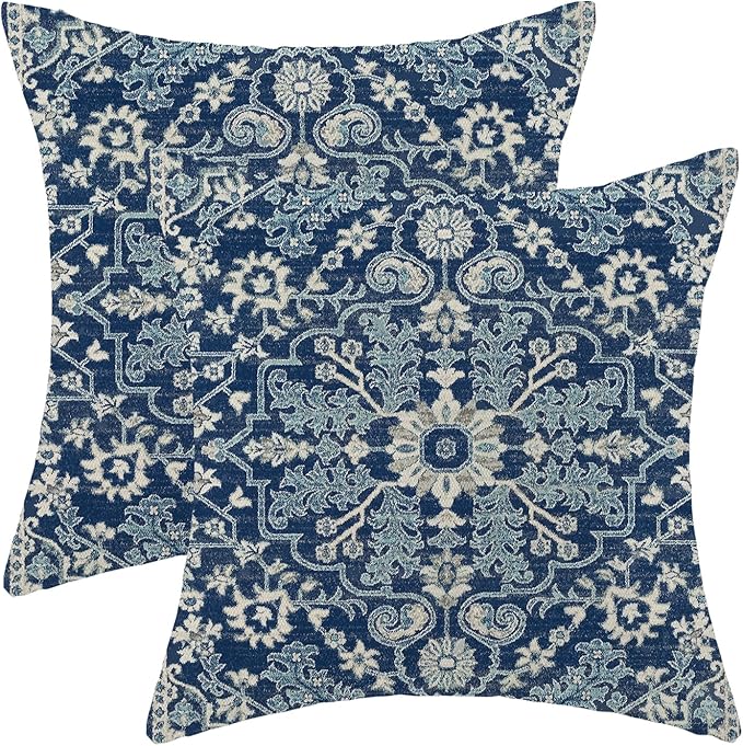 Blue White Boho Pillow Covers 20x20 Set of 2, Carpet Design Decorative Boho Throw Pillows Linen Farmhouse Bohemian Cushion Pillow Covers for Sofa Couch Outdoor Decor