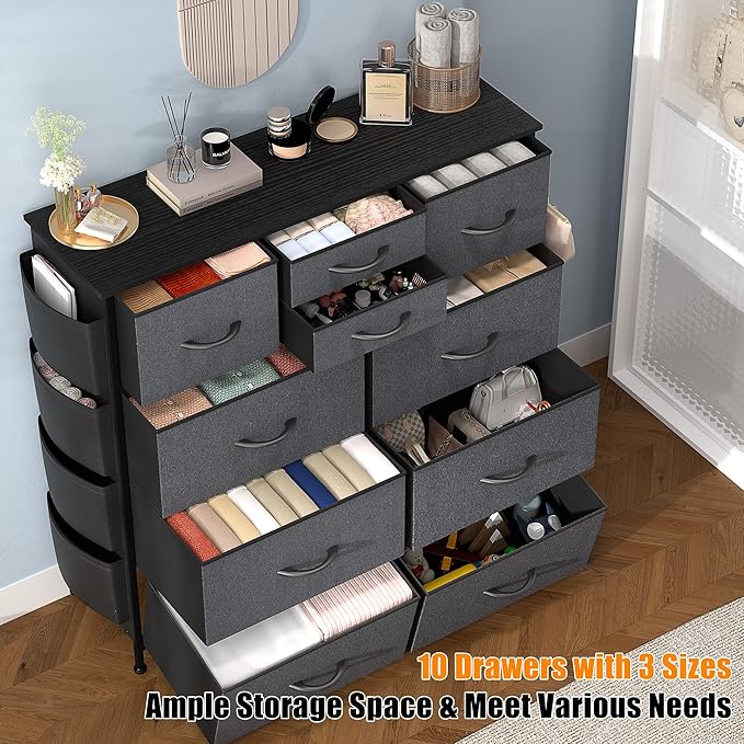 Lulive Dresser for Bedroom with 10 Drawers, Chest of Drawers Fabric Storage Tower, Organizer Unit for Living Room, Hallway, Closet