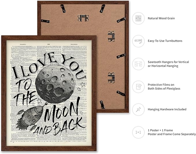 Poster Master Dictionary Art Poster - I Love You To The Moon and Back Print - Motivational Art - Gift for Him, Her & Lovers - Romantic Decor for Dorm, Bedroom or Living Room, 8x10 Brown Framed
