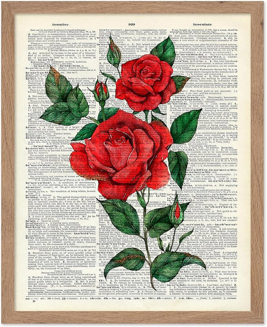 Poster Master Dictionary Art Poster - Red Roses Print - Flower Art - Floral Art - Gift for Men, Women & Florist - Minimal Decor for Living Room, Bedroom, Dorm or Flower Shop, 16x20 Beige Framed