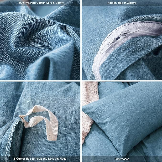 MooMee Bedding Duvet Cover Set 100% Washed Cotton Linen Like Textured Breathable Durable Soft Comfy (Heathered Peacock Blue, Oversized Queen 98"x98")