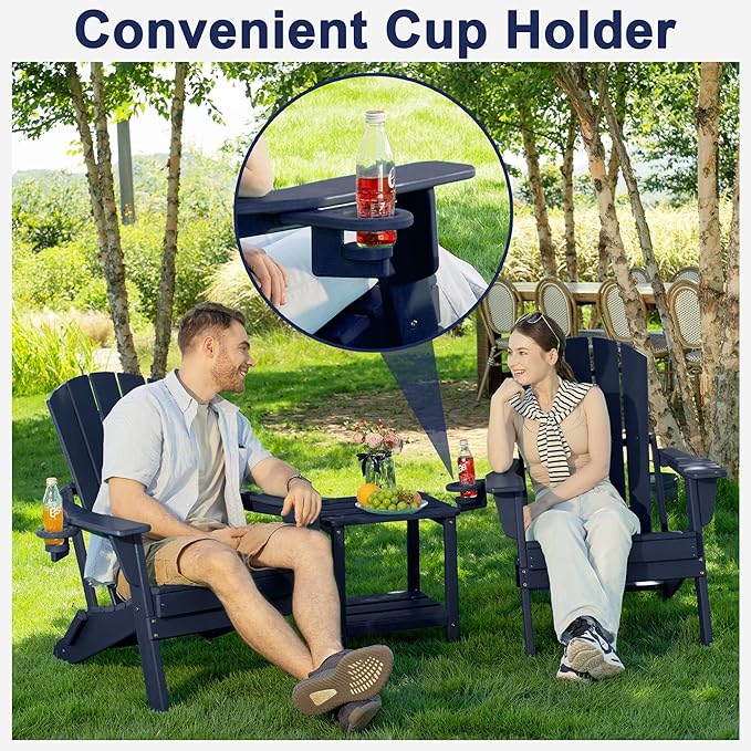 Plawdlik Folding Adirondack Chair, SGS Tested, Wooden Textured with Cup Holder, Heavy All-Weather HDPE Comfortable Set Poolside Backyard Lawn Navy Blue Set 2