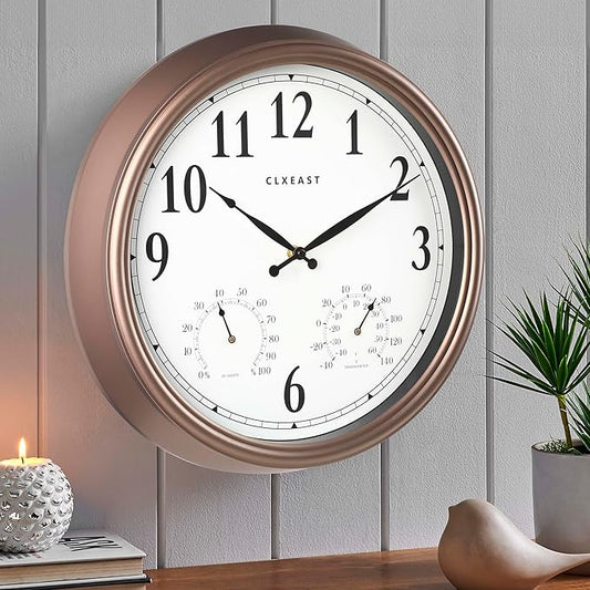 CLXEAST Indoor Outdoor Clocks Waterproof 18 Inch, Large Outdoor Clock with Temperature and Humidity Combo,Weatherproof,Bronze/Brown