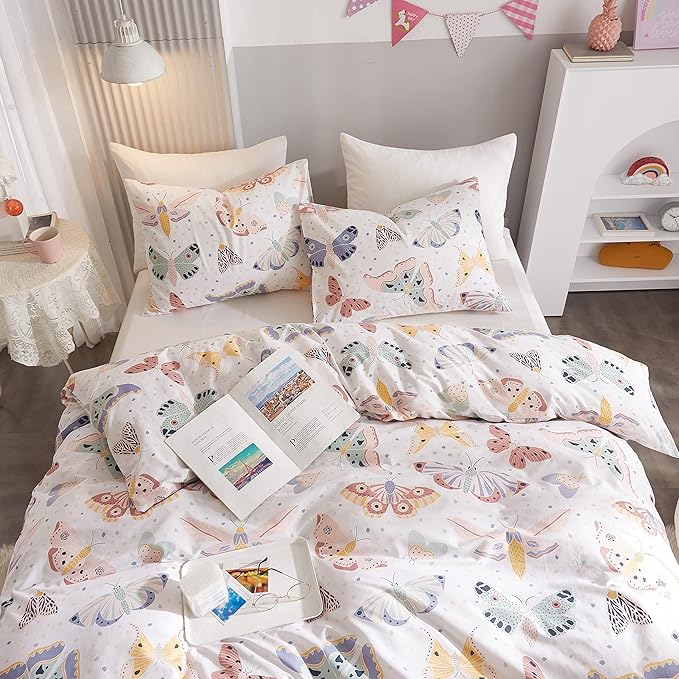 Ivellow Twin Duvet Cover Kids 100% Cotton Butterfly White for Cute Bedding Set 3Pcs Ultra Soft Breathable Patterned Cartoon Comforter Boys Girls Toddler Teen