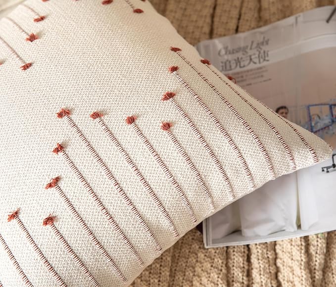 Caflife Boho Throw Pillow Covers 22x22 Set of 2 Decorative Pillows for Bed, Neutral Pillow Covers Beige with Rust Line Throw Pillows for Modern Farmhouse Couch Sofa Living Room Outdoor