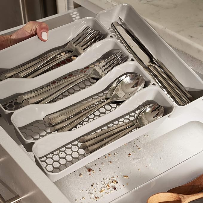 Spectrum Diversified Hexa Drawer Organizer Tray Modern Kitchen Cutlery, Utensil, Silverware Holder Caddy, 5 Dividers Cabinet Storage, 10 x 13, Clear Frost