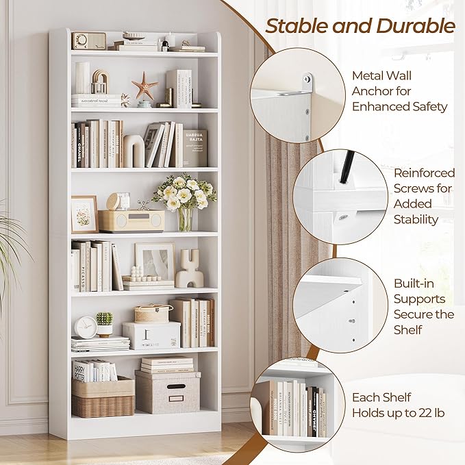 Yaheetech 7-Tier Open Bookcase and Bookshelf, Modern Simple Floor Standing Display Storage Shelves with Top Open Compartment for Home Office, Living Room, Bed Room - White