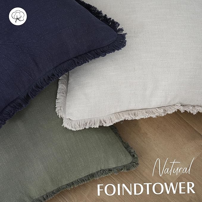 Foindtower Set of 2 Decorative Linen Fringe Throw Pillow Covers Cozy Boho Farmhouse Cushion Cover with Tassels Soft Accent Pillowcase for Couch Sofa Bed Living Room Home Decor, 24×24 Inch, Olive Green