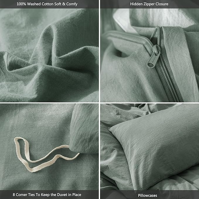 MooMee Bedding Duvet Cover Set 100% Washed Cotton Linen Like Textured Breathable Durable Soft Comfy (Heathered Green, Super King 108"x98")