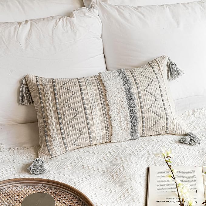 Decorative Lumbar Throw Pillow Cover 12x20 Gray Rectangular Boho Accent Pillowcase Neutral White Farmhouse Cushion for Couch Sofa Bedroom Living Home Décor (Cover ONLY, Pack of 1)