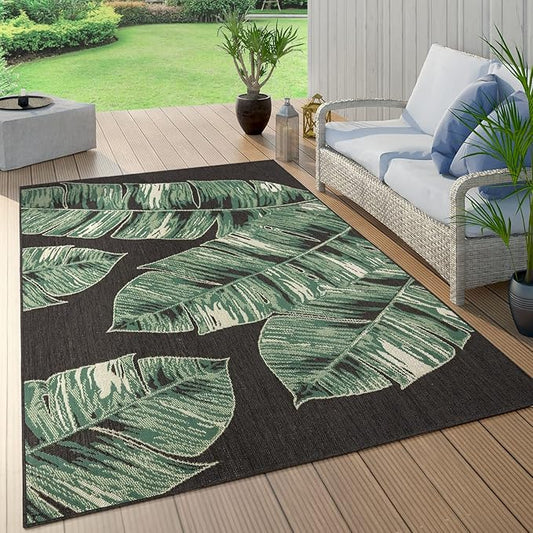 Tropical Outdoor Rug Jungle Leaves Design for Patio in Black Green, Size: 3'11" x 5'7"