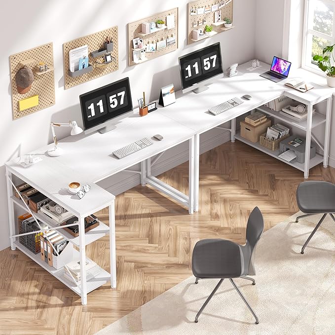 EnHomee 48 Inch L Shaped Gaming Desk, Computer Desk with Storage Shelves & Side Bag, Office Desk with Power Outlets, Small Corner Desk for Small Space Home Office Bedroom, Study Writing Table, White