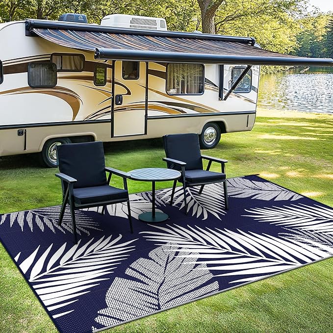 Outdoor Rug 5’x8’ Waterproof for Patio Clearance, Reversible Indoor Outdoor Plastic Straw Camping Rug Carpet, RV Mat, Large Area Rug for Deck, Backyard, Balcony, Porch, Beach, Blue & White