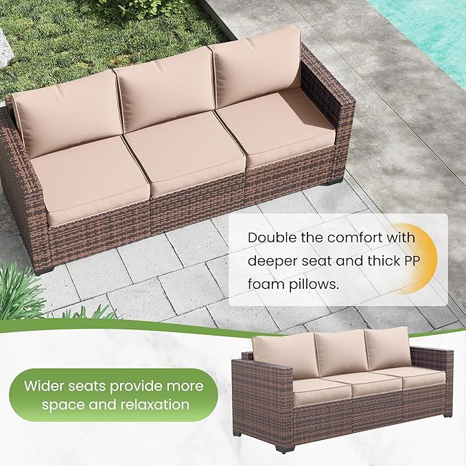 Amopatio Patio Couch, 2-Seat Outdoor Furniture, Wicker Porch Furniture Outdoor Couch Sofa with Water-Resistant Cover & Non-Slip Cushions, Premium Patio Set, Khaki