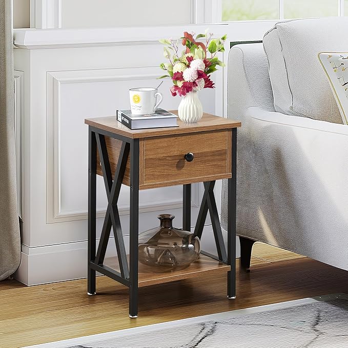 VECELO Nightstand,Modern Bedside End Table, Night Stand with Drawer and Storage Shelf for Living Room Bedroom, Industrial Metal Frame