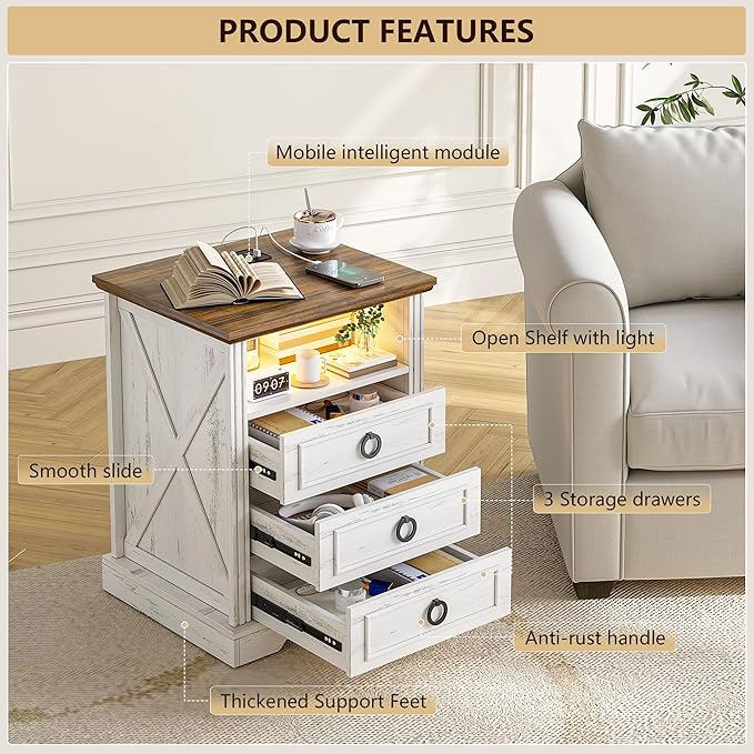 Nightstand with Charging Station,Farmhouse End Side Table with 3 Drawers and Open Storage,Smart Bedside Table with LED Light & Human Sensor for Bedroom,White
