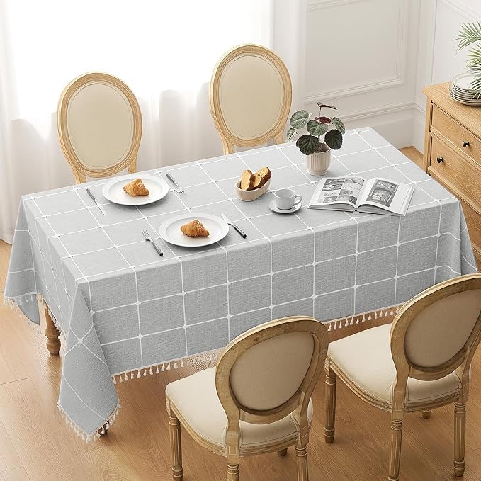 puredown® Plaid Rectangle Tablecloth, Waterproof Cotton Linen Tablecloth with Tassel, Rustic Farmhouse Table Cloths for Kitchen Dining Outdoor, 55"x70",4-6 Seats, Gray