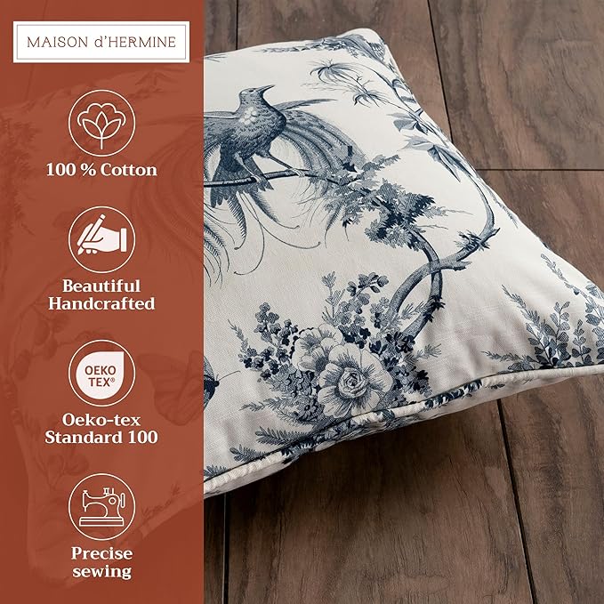 Maison d' Hermine Decorative Pillow Covers 18 x 18 Inch Square 100% Cotton Throw Pillow Covers with Invisible Zipper Cushion Case for Living Room Couch, Chair, Sofas, Bedroom, Home (Paradise - Delft)