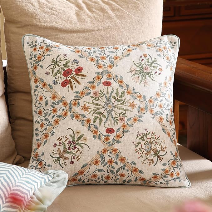 Design Linen Throw Pillow Covers 18"x18" Pack of 2, Square Farmhouse Cushion Covers with Red Pink Yellow Watercolor Wildflower Pattern Decor Pillowcases for Bed,Living Room,Outdoor,Car