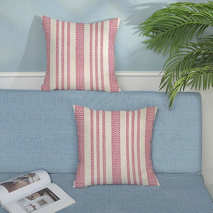 Boho Pillow Covers 18x18 Pack of 2 Hot Pink Polka Dot Stripes Throw Pillow Covers Bohemian Abstract Modern Decorative Pillowcase Farmhouse Linen Cushion Case for Home Couch,Outdoor Decoration
