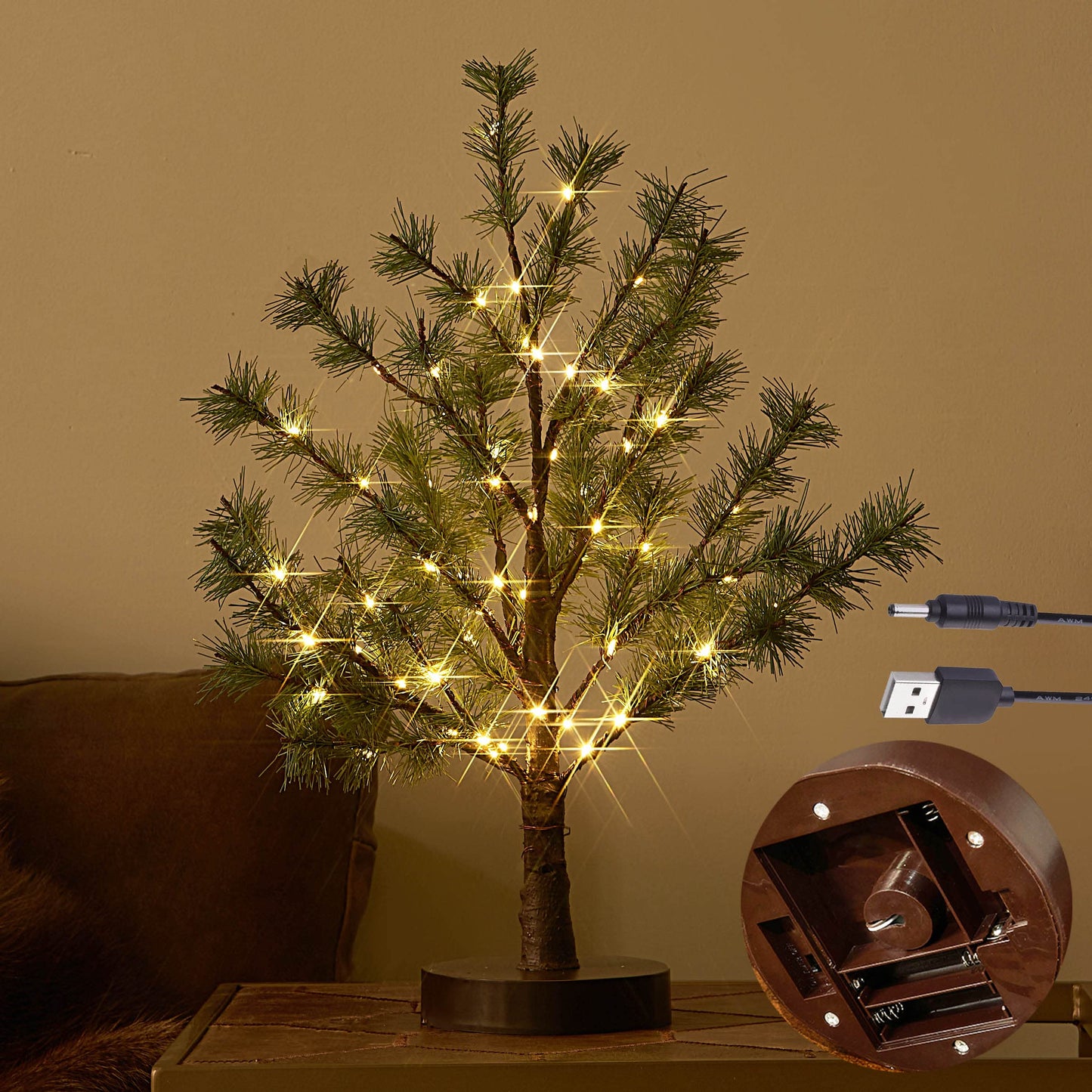 LITBLOOM Lighted Christmas Pine Tree 60 Fairy Lights Battery Operated or USB Plug in with Timer 18IN for Home and Holiday Decoration