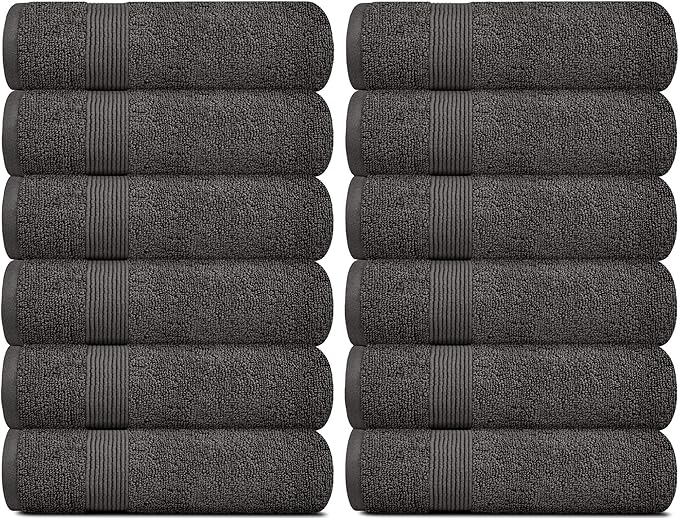 White Classic Resort Collection Soft Washcloth Face & Body Towel Set | 12x12 Luxury Hotel Plush & Absorbent Cotton Washclothes [12 Pack, Charcoal]