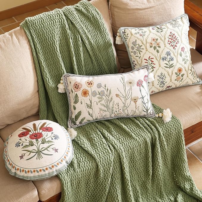 Design Linen Throw Pillow Covers 12"x20" Pack of 2, Lumbar Farmhouse Cushion Covers with Yellow Purple Watercolor Wildflower Pattern Decor Pillowcases for Bed,Living Room,Outdoor,Car