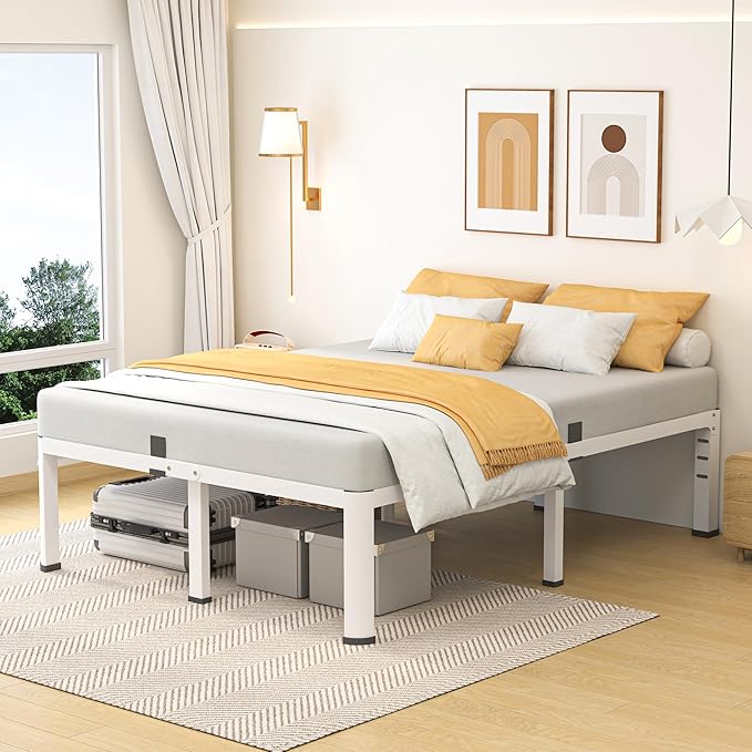 18 Inch Queen Size Metal Bed Frame with Round Corners, Storage Space Under High Bed Frame-Heavy Duty Steel Slats Support, Noise Free - Easy Assembly - No Box Spring Needed,White