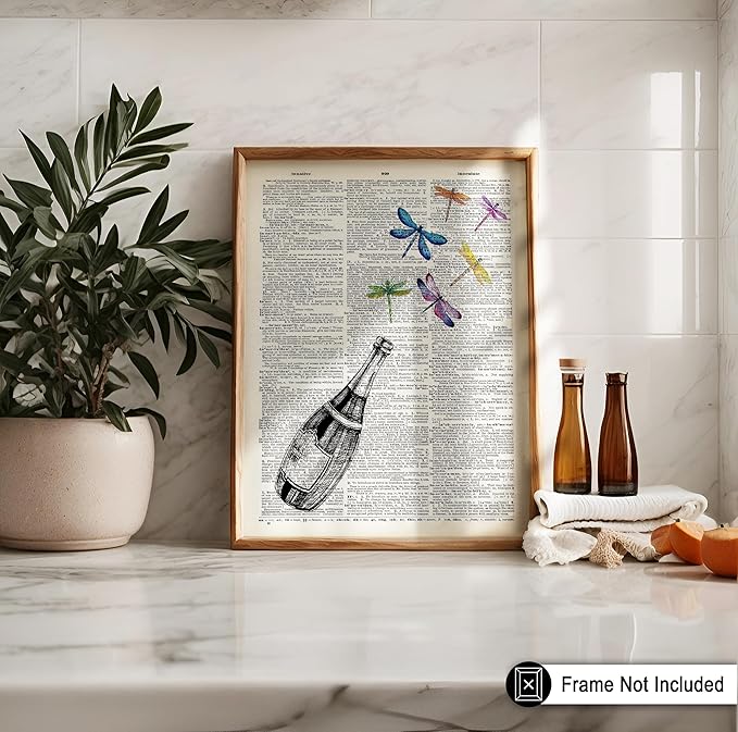 Poster Master Dictionary Art Poster - Champagne Bottle Print - Dragonfly Art - Alcohol Art - Gift for Men, Women & Bartender - Great Decor for Bar, Kitchen or Restaurant, 24x32 Unframed Wall Art
