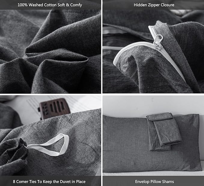 MooMee Bedding Duvet Cover Set 100% Washed Cotton Linen Like Textured Breathable Durable Soft Comfy (Heathered Dark Grey, Full 80"x90")