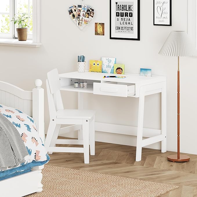 UTEX Kids Desk and Chair Set, Study Desk for Kids with Drawers, Wooden Children Table Set, Student Writing Desk Computer Workstation for Bedroom & Study Room